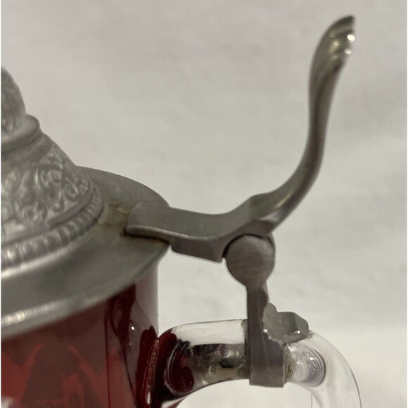 Egermann Bohemian Ruby Cut Glass Stein Pewter Lid Beer Tankard Deer Stag Czech - Picture 9 of 13